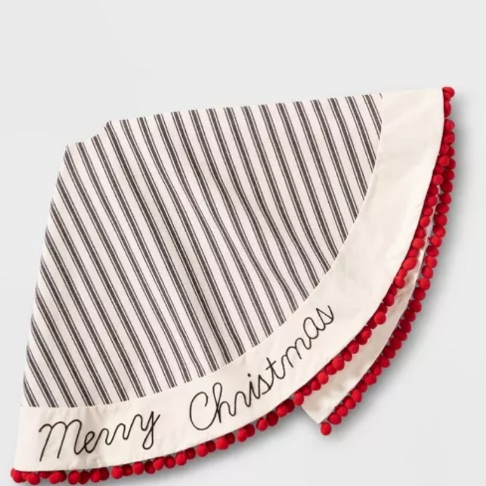 48in striped Linen "Merry Christmas " pop pom trim tree skirt black/neutral